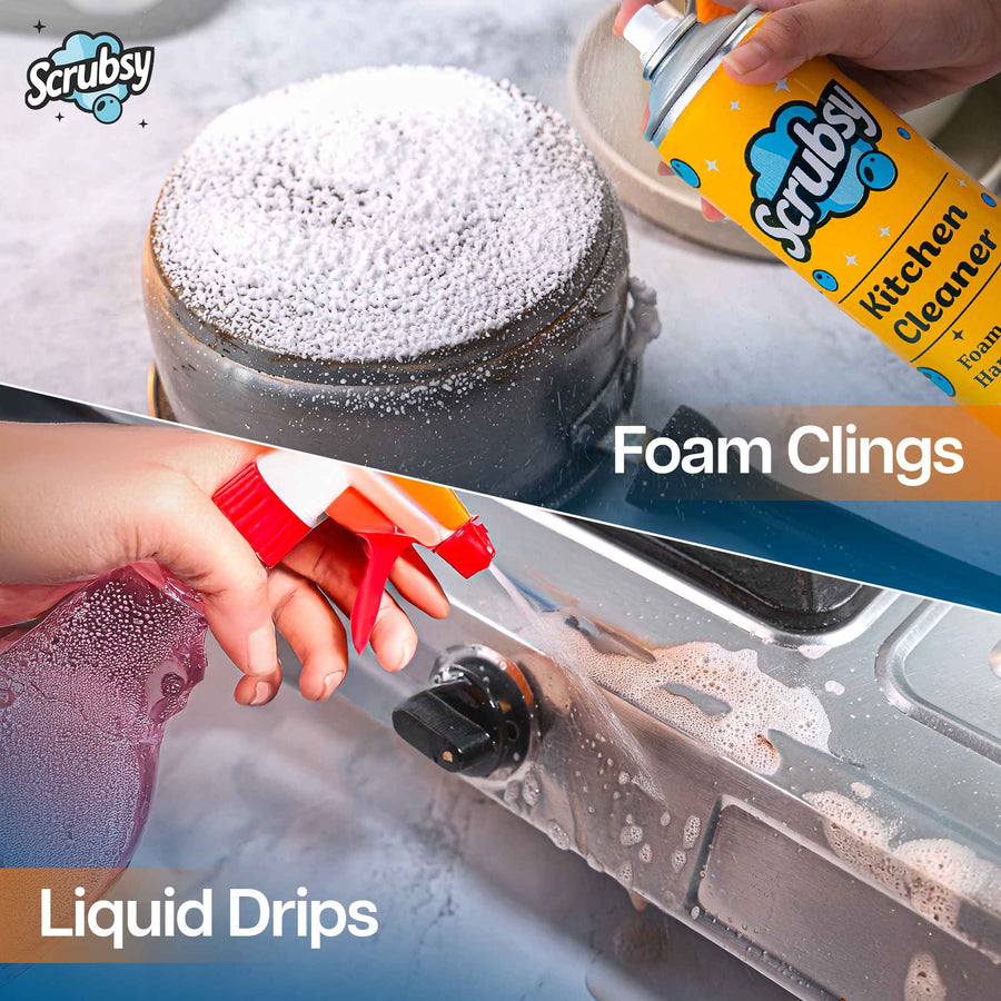 Scrubsy foam clings to a pan and a stove where a liquid spray drips