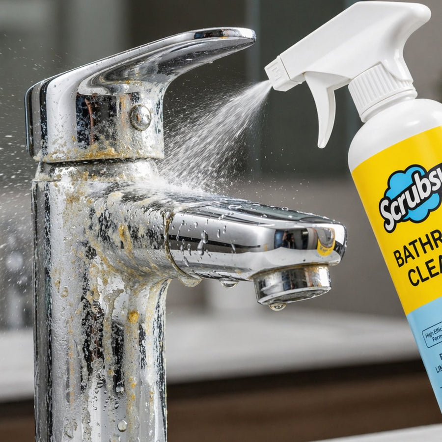 Scrubsy Bathroom Cleaner sprayed on a tap with hard-water stains